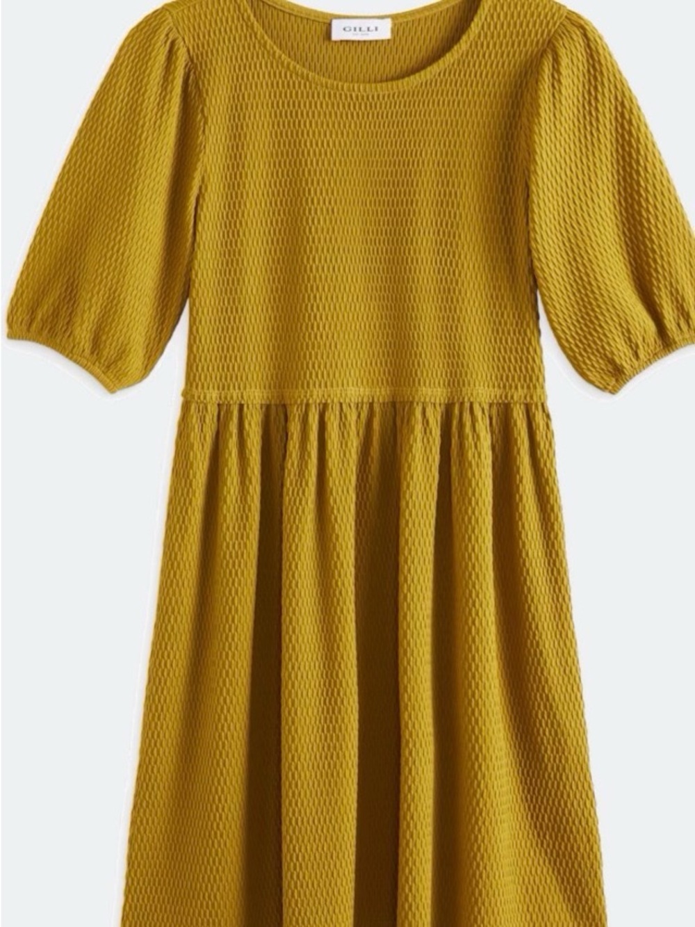 Gilli Mustard Textured Puff-Sleeve Casual Dress
